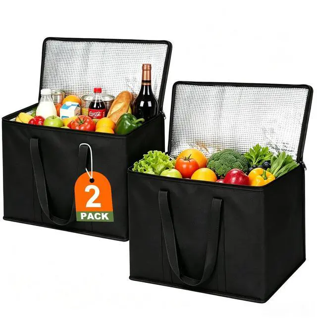 Main image of 2 Pack Insulated Reusable Grocery Shopping Bags with zippered top,Food Delivery Bag,Collapsible Cooler Bag for Frozen Foods