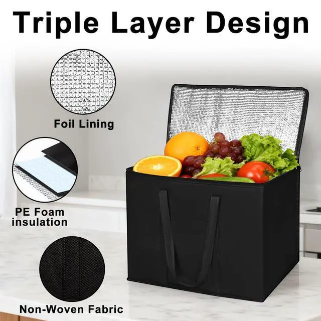 Alt view image 4 of 7 - 2 Pack Insulated Reusable Grocery Shopping Bags with zippered top,Food Delivery Bag,Collapsible Cooler Bag for Frozen Foods