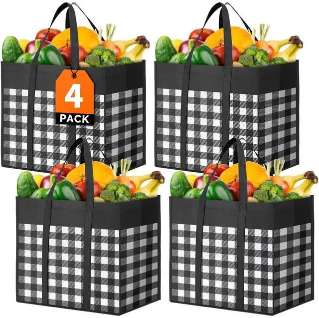 Main image of Reusable Grocery Bags,4-Pack, Foldable Reusable Shopping Tote Bags bulk with Reinforced Handles,Large Storage Bags with Water Resistant Coating for Groceries,Multipurpose,Black-White