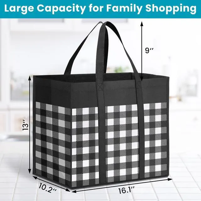 Alt view image 3 of 6 - Reusable Grocery Bags,4-Pack, Foldable Reusable Shopping Tote Bags bulk with Reinforced Handles,Large Storage Bags with Water Resistant Coating for Groceries,Multipurpose,Black-White