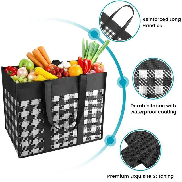 Alt view image 4 of 6 - Reusable Grocery Bags,4-Pack, Foldable Reusable Shopping Tote Bags bulk with Reinforced Handles,Large Storage Bags with Water Resistant Coating for Groceries,Multipurpose,Black-White