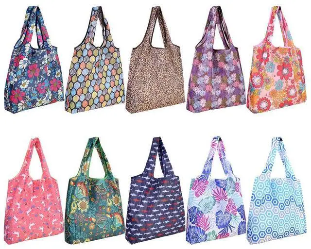 Main image of Reusable Grocery Shopping Bags 6 Pack, Foldable Tote Bags with Attached Pouch, Machine Washable Nylon Shopping Totes for Groceries, Travel, Beach