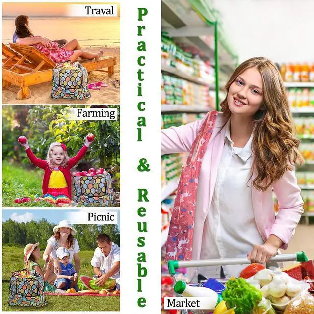 Alt view image 2 of 7 - Reusable Grocery Shopping Bags 6 Pack, Foldable Tote Bags with Attached Pouch, Machine Washable Nylon Shopping Totes for Groceries, Travel, Beach