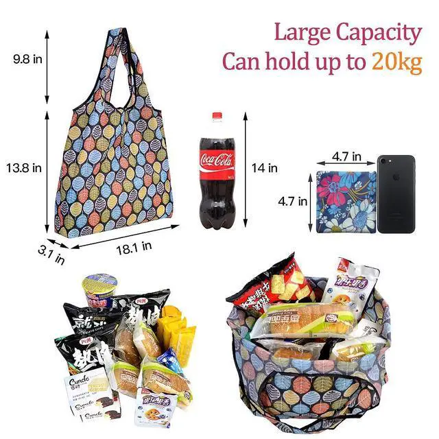 Alt view image 3 of 7 - Reusable Grocery Shopping Bags 6 Pack, Foldable Tote Bags with Attached Pouch, Machine Washable Nylon Shopping Totes for Groceries, Travel, Beach