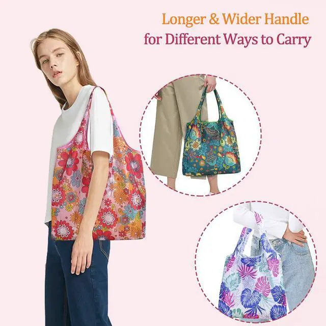 Alt view image 4 of 7 - Reusable Grocery Shopping Bags 6 Pack, Foldable Tote Bags with Attached Pouch, Machine Washable Nylon Shopping Totes for Groceries, Travel, Beach