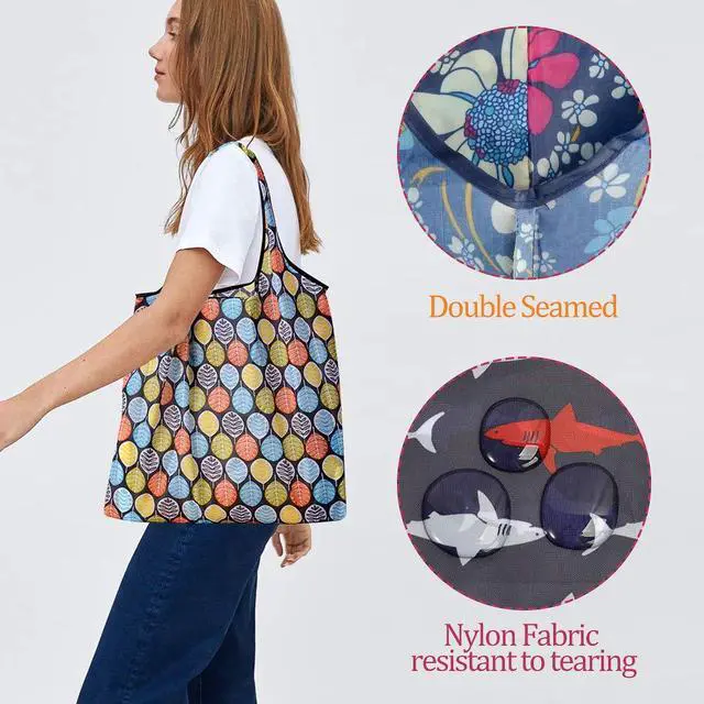 Alt view image 5 of 7 - Reusable Grocery Shopping Bags 6 Pack, Foldable Tote Bags with Attached Pouch, Machine Washable Nylon Shopping Totes for Groceries, Travel, Beach