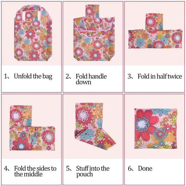 Alt view image 6 of 7 - Reusable Grocery Shopping Bags 6 Pack, Foldable Tote Bags with Attached Pouch, Machine Washable Nylon Shopping Totes for Groceries, Travel, Beach