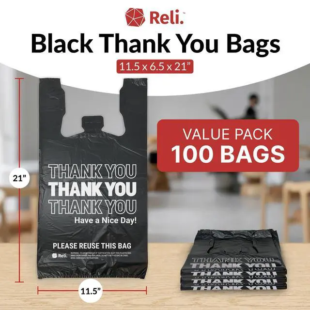 Alt view image 2 of 7 - Thank You Plastic Bags | 100 Pack | (11.5" x 6.5" x 21"), Black | Plastic Bags with Handles | Ideal for Grocery, Shopping, Food Take Out, Restaurants, Small Business