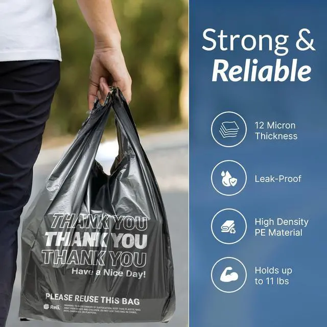 Alt view image 3 of 7 - Thank You Plastic Bags | 100 Pack | (11.5" x 6.5" x 21"), Black | Plastic Bags with Handles | Ideal for Grocery, Shopping, Food Take Out, Restaurants, Small Business