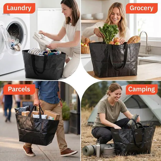 Alt view image 3 of 3 - Haul-It-All Extra-Large Reusable Shopping Bag Heavy Duty Open-Top Tote with Handles, 18-Gallon Capacity,Black, Pack of 2
