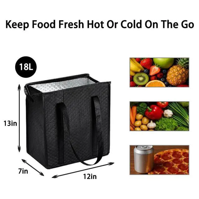 Alt view image 2 of 6 - 18L Insulated Grocery Bags with Zipper, Reusable Thermal Cooler Tote Bag for Hot & Cold Food, Foldable Shopping Bag (2, Black)