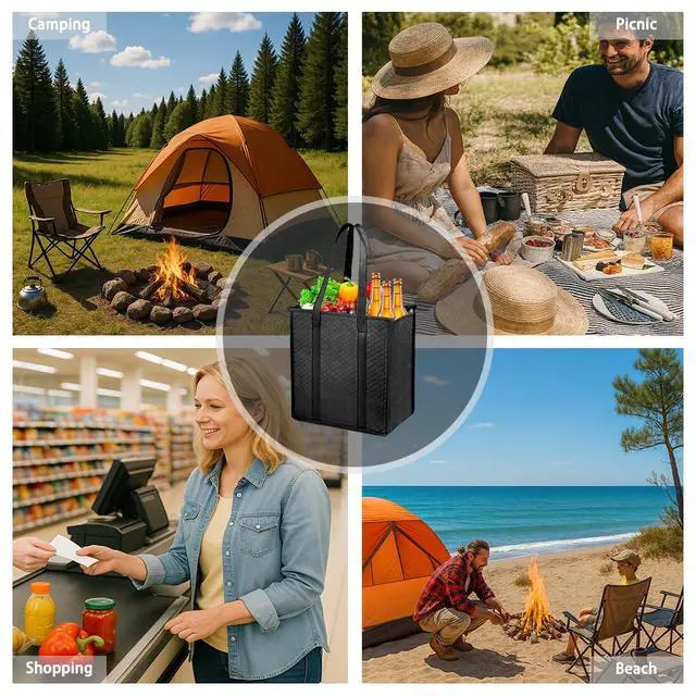 Alt view image 6 of 6 - 18L Insulated Grocery Bags with Zipper, Reusable Thermal Cooler Tote Bag for Hot & Cold Food, Foldable Shopping Bag (2, Black)
