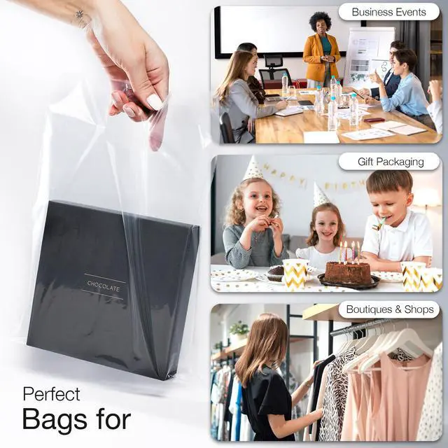Alt view image 4 of 7 - 100 Clear Plastic Bags With Handles 9"x12" Perfect for Merchandise And Retail 1.5Mil Thick Clear Gift Bags With Handles