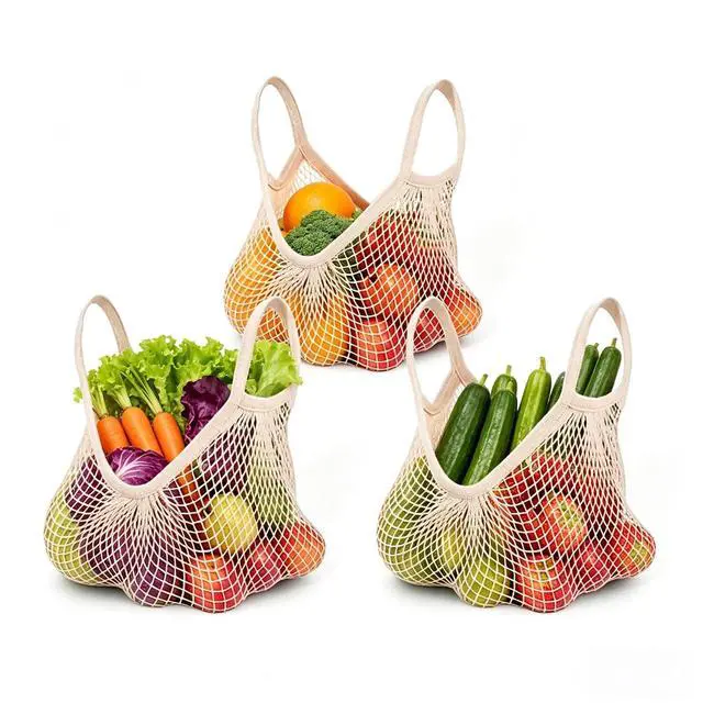 Main image of Reusable Cotton Mesh Grocery Bags Cotton String Bag Net Shopping Mesh Bags Pack of 3 (Beige)