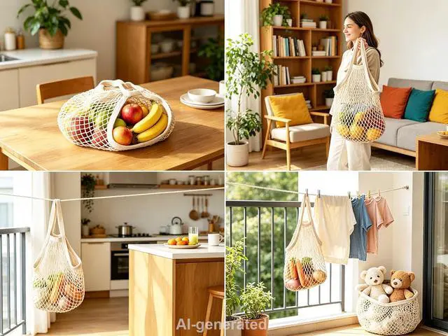 Alt view image 4 of 7 - Reusable Cotton Mesh Grocery Bags Cotton String Bag Net Shopping Mesh Bags Pack of 3 (Beige)