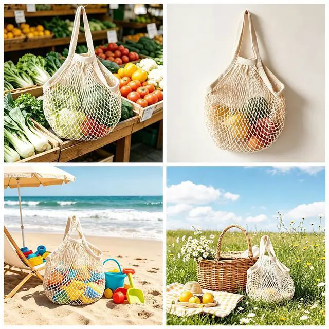 Alt view image 6 of 7 - Reusable Cotton Mesh Grocery Bags Cotton String Bag Net Shopping Mesh Bags Pack of 3 (Beige)