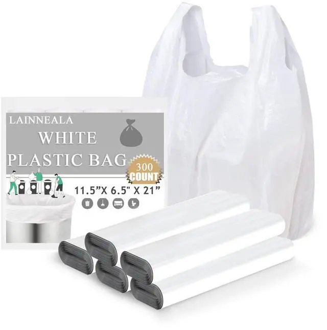 Main image of Plastic Bags, 300 Count T Shirt Bags, Plastic Bags With Handles For Shopping, White Plastic Grocery Bag For Small Business (11"x 6"x 21"), Recyclable