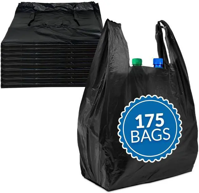 Main image of Plastic Bags with Handles | 175 Pack Bags for Small Business | (11.5" x 6.5" x 21") Black | Grocery Totes | Retail & Restaurants