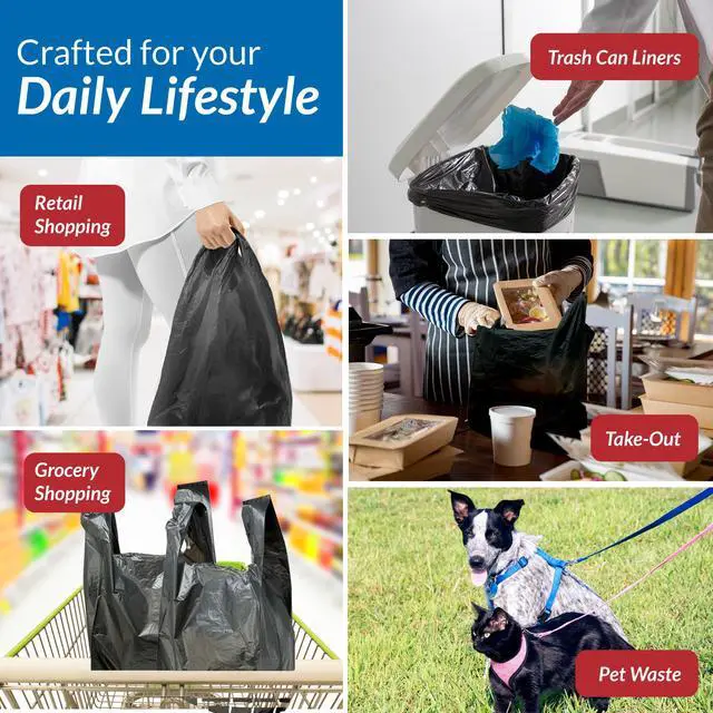 Alt view image 6 of 7 - Plastic Bags with Handles | 175 Pack Bags for Small Business | (11.5" x 6.5" x 21") Black | Grocery Totes | Retail & Restaurants