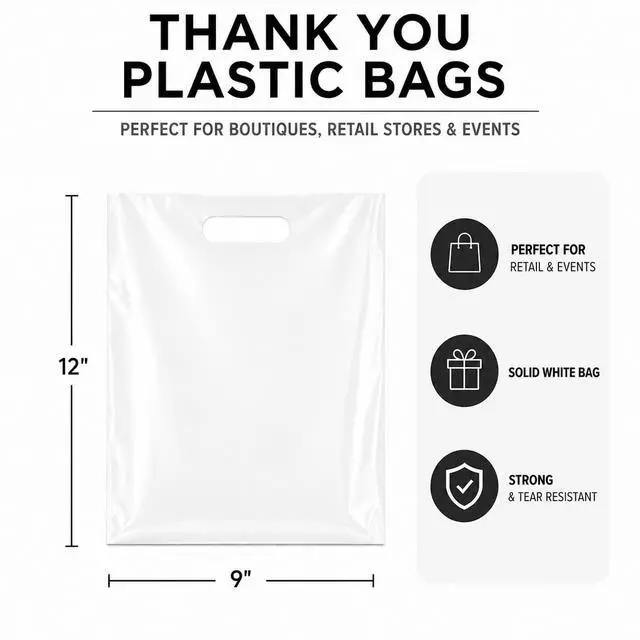 Alt view image 2 of 6 - 100 Pack White Plastic Shopping Bags 9" x 12" with Die Cut Handles