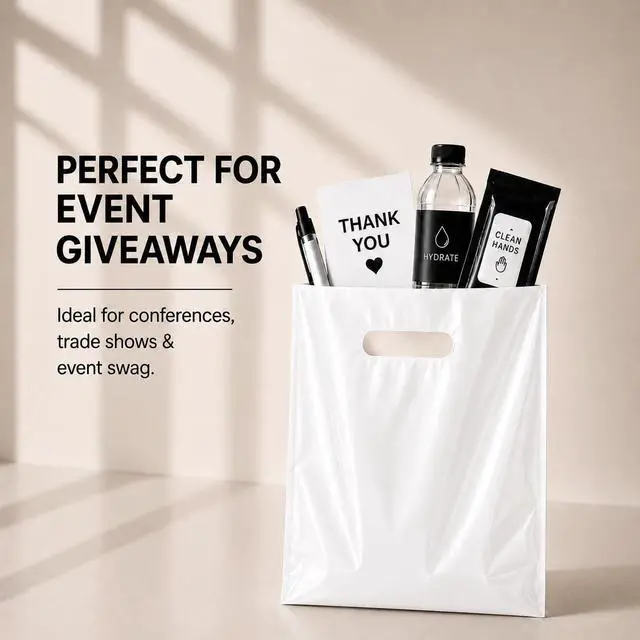 Alt view image 3 of 6 - 100 Pack White Plastic Shopping Bags 9" x 12" with Die Cut Handles