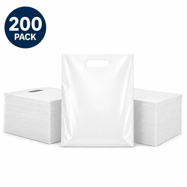 Alt view image 6 of 6 - 100 Pack White Plastic Shopping Bags 9" x 12" with Die Cut Handles