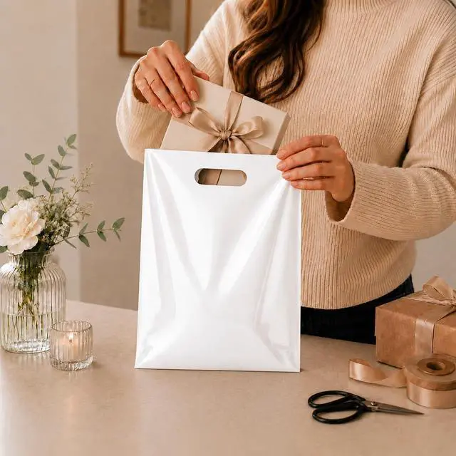 Alt view image 4 of 6 - 100 Pack White Plastic Shopping Bags 9" x 12" with Die Cut Handles