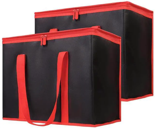 Main image of 1-Pack Insulated Reusable Grocery Shopping Bags, X-Large Picnic Cooler Bag with Top Cold, Insulated Food/Pizza Delivery Bag (Black-Red Edge)