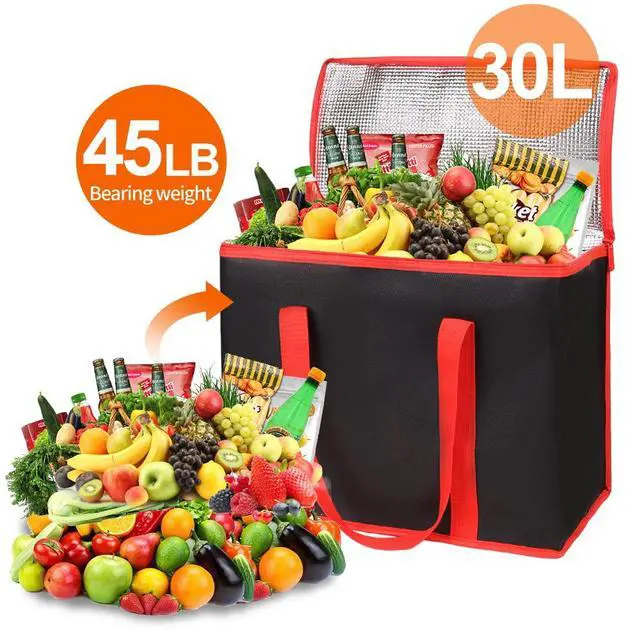 Alt view image 4 of 6 - 1-Pack Insulated Reusable Grocery Shopping Bags, X-Large Picnic Cooler Bag with Top Cold, Insulated Food/Pizza Delivery Bag (Black-Red Edge)