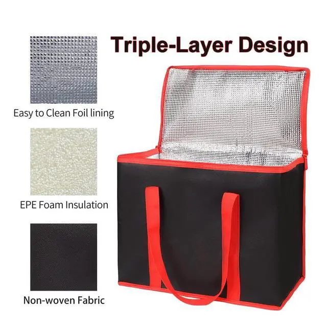 Alt view image 5 of 6 - 1-Pack Insulated Reusable Grocery Shopping Bags, X-Large Picnic Cooler Bag with Top Cold, Insulated Food/Pizza Delivery Bag (Black-Red Edge)