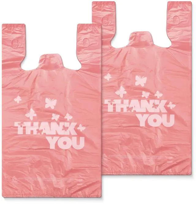 Main image of PINK Thank you bags, 100PCS T shirt bags, To Go Bags,Grocery bags, Reusable and Disposable,Perfect for Small Business,Take Out,Retails,11 inchx6 inchx21 inch(100),Large