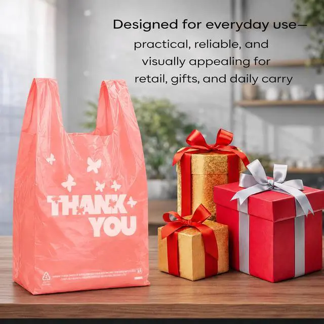 Alt view image 3 of 7 - PINK Thank you bags, 100PCS T shirt bags, To Go Bags,Grocery bags, Reusable and Disposable,Perfect for Small Business,Take Out,Retails,11 inchx6 inchx21 inch(100),Large