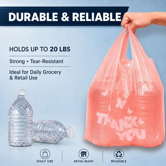 Alt view image 4 of 7 - PINK Thank you bags, 100PCS T shirt bags, To Go Bags,Grocery bags, Reusable and Disposable,Perfect for Small Business,Take Out,Retails,11 inchx6 inchx21 inch(100),Large