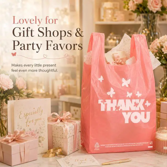 Alt view image 5 of 7 - PINK Thank you bags, 100PCS T shirt bags, To Go Bags,Grocery bags, Reusable and Disposable,Perfect for Small Business,Take Out,Retails,11 inchx6 inchx21 inch(100),Large