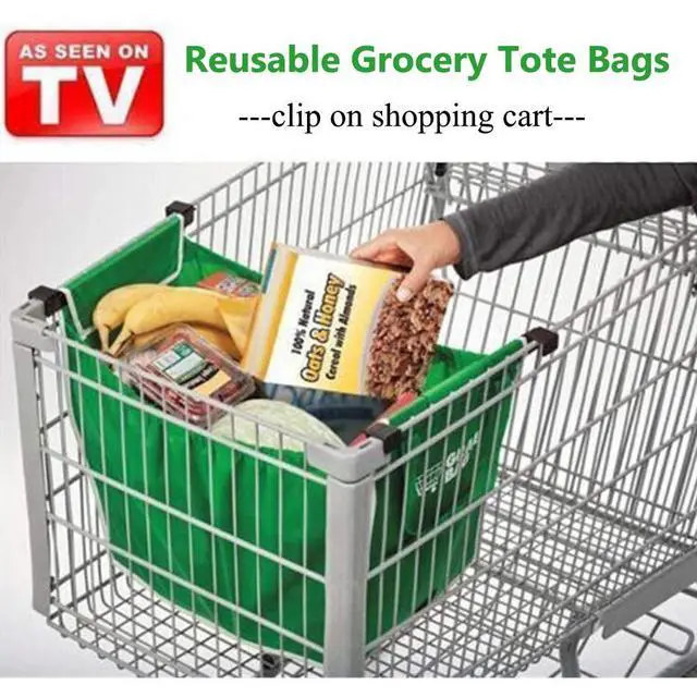 Alt view image 3 of 6 - 2Pack Reusable Shopping Trolley Bags Grab and Go Bag Collapsible Grocery Tote Bags with Handles, Clip on Shopping Cart As Seen On TV