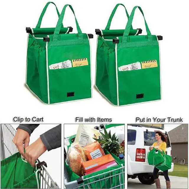 Alt view image 5 of 6 - 2Pack Reusable Shopping Trolley Bags Grab and Go Bag Collapsible Grocery Tote Bags with Handles, Clip on Shopping Cart As Seen On TV