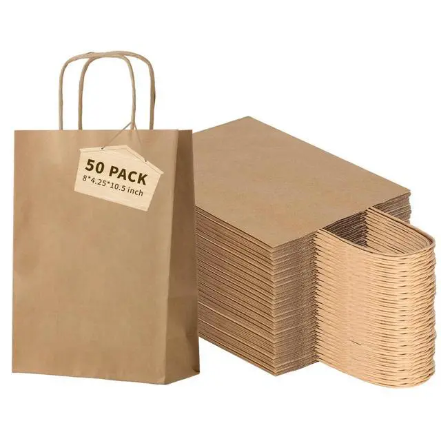 Alt view image 2 of 7 - 50-Pack Brown Paper Bags with Handles Bulk, 8x4.25x10.5 Inches,Medium-sized Gift Bags with Handles for Party FavorsTake-OutGrocery Shopping & RetailReusable & Durable