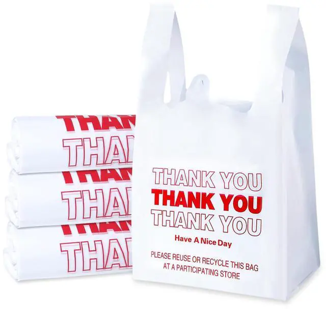 Main image of Plastic Bags, 300 Count Thank You Bags, Plastic Bags With Handles For Shopping, Grocery, Plastic Bag For Small Business (11"x 6"x 21"), Recyclable T Shirt Bags, White Plastic Bag