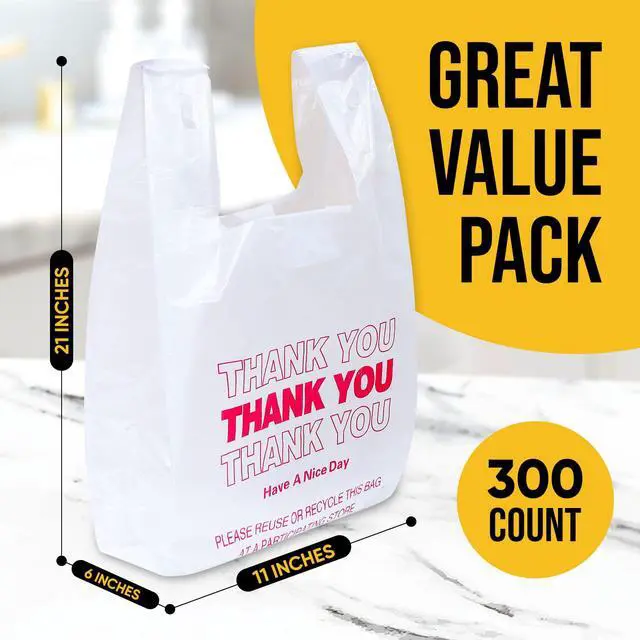 Alt view image 2 of 7 - Plastic Bags, 300 Count Thank You Bags, Plastic Bags With Handles For Shopping, Grocery, Plastic Bag For Small Business (11"x 6"x 21"), Recyclable T Shirt Bags, White Plastic Bag