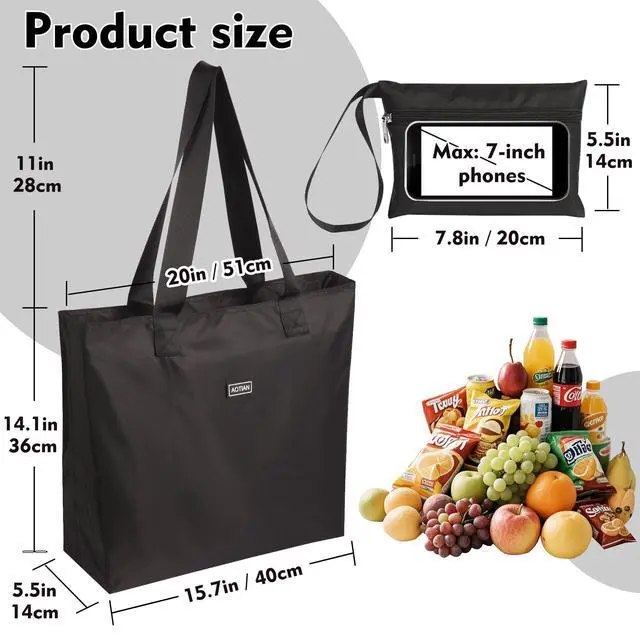 Alt view image 3 of 7 - Heavy Duty 20 Liter Reusable Grocery Bags, Thickened Tear-Resistant Polyester Fabric Foldable Machine Washable Shopping Bags, Zipper Closure Water-Resistant Large Tote Bag Travel Gym Beach Bag