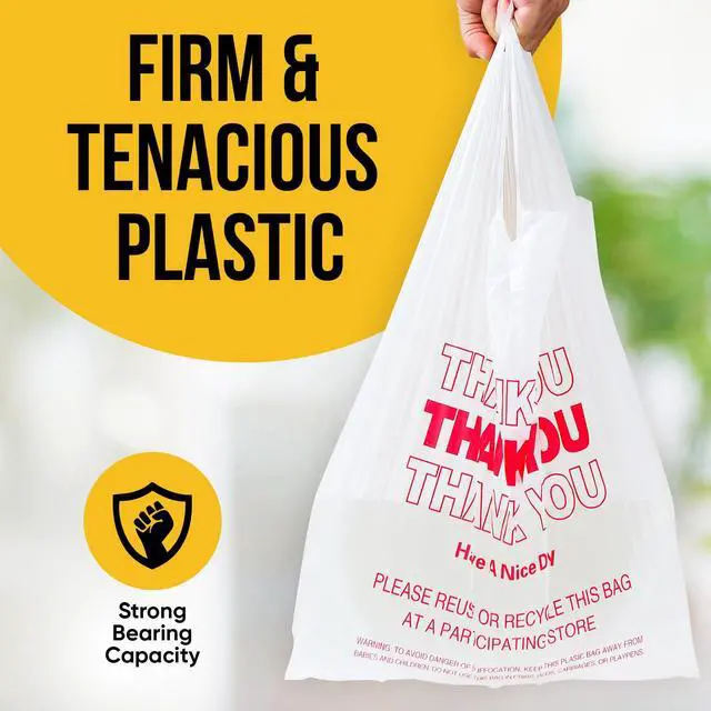 Alt view image 3 of 7 - Plastic Bags, 300 Count Thank You Bags, Plastic Bags With Handles For Shopping, Grocery, Plastic Bag For Small Business (11"x 6"x 21"), Recyclable T Shirt Bags, White Plastic Bag