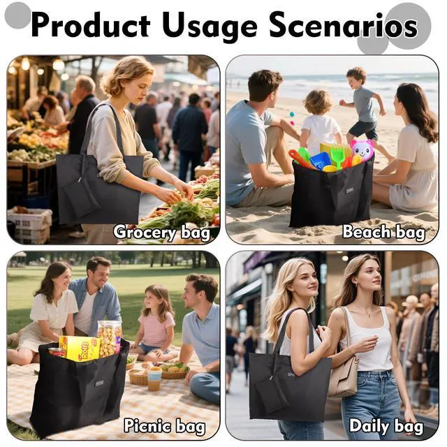 Alt view image 6 of 7 - Heavy Duty 20 Liter Reusable Grocery Bags, Thickened Tear-Resistant Polyester Fabric Foldable Machine Washable Shopping Bags, Zipper Closure Water-Resistant Large Tote Bag Travel Gym Beach Bag