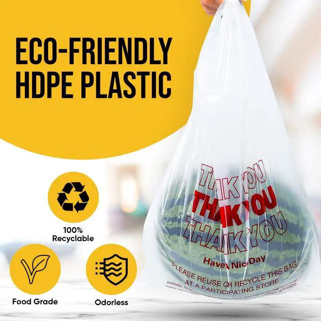 Alt view image 6 of 7 - Plastic Bags, 300 Count Thank You Bags, Plastic Bags With Handles For Shopping, Grocery, Plastic Bag For Small Business (11"x 6"x 21"), Recyclable T Shirt Bags, White Plastic Bag