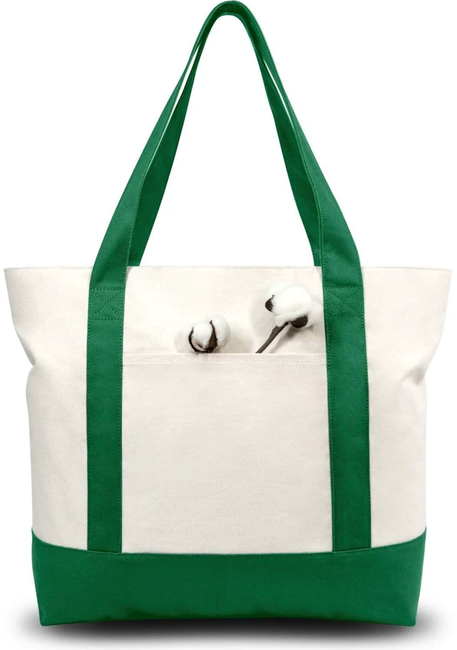 Main image of 1-Pack Canvas Tote Bag with an External Pocket, Reusable Grocery Shopping Bag, Top Zipper Closure, Daily Essentials (Green/Natural)