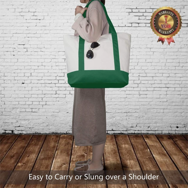 Alt view image 2 of 7 - 1-Pack Canvas Tote Bag with an External Pocket, Reusable Grocery Shopping Bag, Top Zipper Closure, Daily Essentials (Green/Natural)
