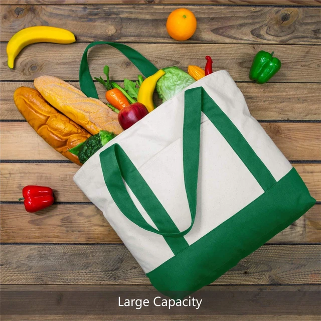 Alt view image 4 of 7 - 1-Pack Canvas Tote Bag with an External Pocket, Reusable Grocery Shopping Bag, Top Zipper Closure, Daily Essentials (Green/Natural)