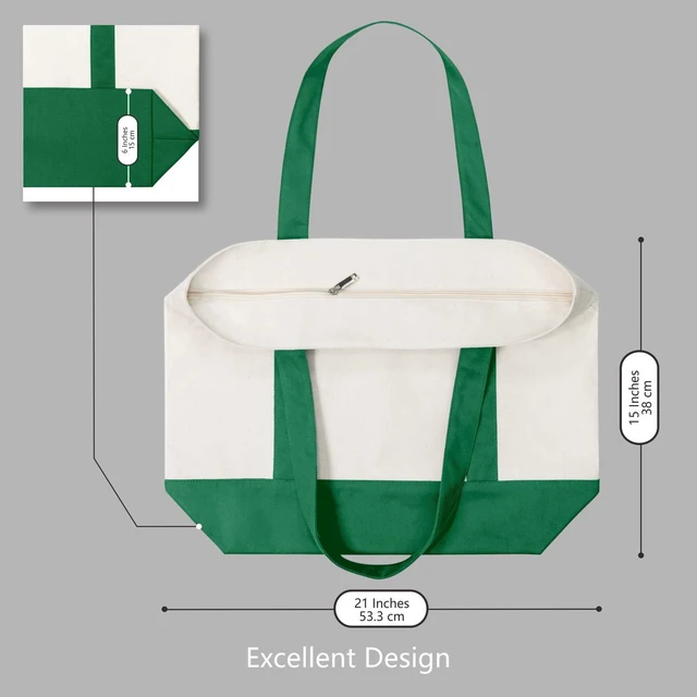 Alt view image 5 of 7 - 1-Pack Canvas Tote Bag with an External Pocket, Reusable Grocery Shopping Bag, Top Zipper Closure, Daily Essentials (Green/Natural)