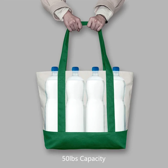 Alt view image 6 of 7 - 1-Pack Canvas Tote Bag with an External Pocket, Reusable Grocery Shopping Bag, Top Zipper Closure, Daily Essentials (Green/Natural)