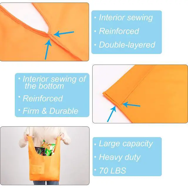 Alt view image 5 of 7 - Large Reusable Bags Shopping Washable Foldable 6 Pack Grocery Bags Heavy Duty Lightweight Folding Gift Tote Bag Durable Polyester Color
