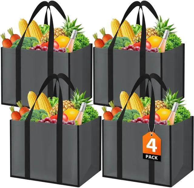 Main image of Reusable Grocery Bags with Handles - 4 Pack, 35L Large Shopping Bags for Groceries, Water-Resistant & Foldable Grocery Totes for Lasting Use for Kitchen, Market, Car Trunk, Picnic (Gray)